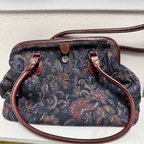 Liz Claiborne Handbags - Vintage 1990 Liz Claiborne Floral Tapestry Handbag with Leather Accents